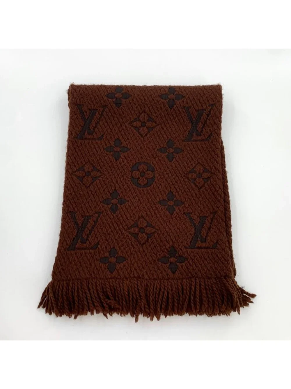 Louis Vuitton Red Brown Logo Jacquard Wool Fringe Scarf